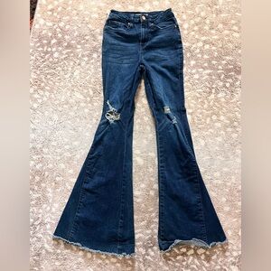 YMI Dark Blue Flare Jeans with Knee Distressing